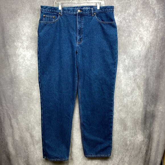 Eddie Bauer Denim Jeans Flannel Lined Mens 42x34 Tall Blue Dark Wash Outdoors - Picture 1 of 12